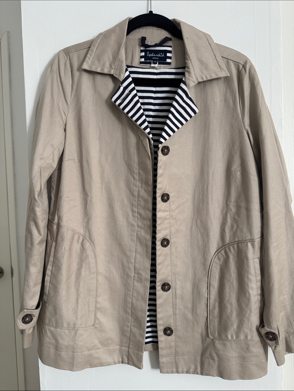 Splendid Beige Trench Coat with Navy Striped Lining